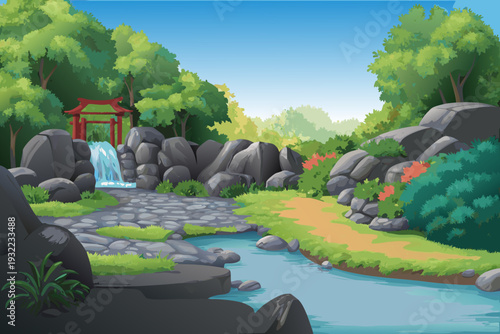 A serene japanese garden with a torii gate and flowing waterfall