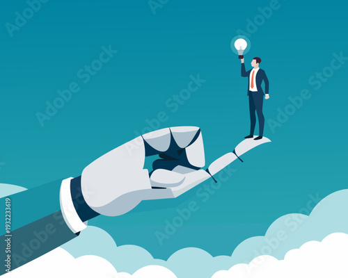 A businessman holds a glowing lightbulb above a giant robotic hand