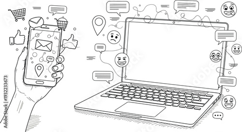 Digital communication vector illustration with smartphone and laptop, social media icons, messages, emojis, and online interaction concept in hand drawn line art style