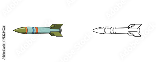 Foto Guided military missile in colored cartoon style and black line art version repr