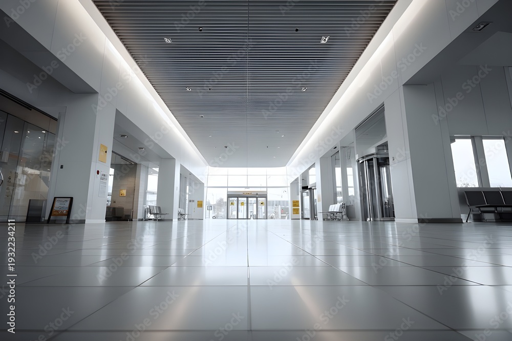 Fototapeta premium Minimalist Terminal Foyer Floating Ceiling Seamless Lines Modern Architecture Interior Lighting Calm Neutral Palette Design