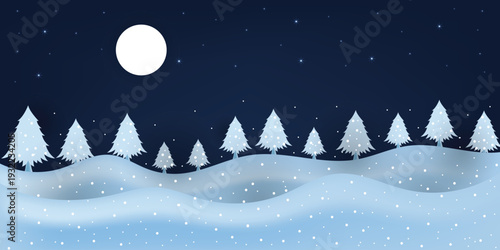 Merry Christmas winter landscape scene with trees and falling snow background