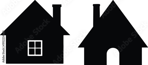 Two distinct black house silhouettes, one featuring a window and chimney, the other an arched doorway, ideal for graphic design and real estate concepts.