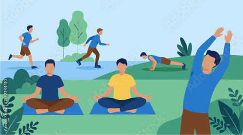 Group of men exercising outdoors in a park setting.