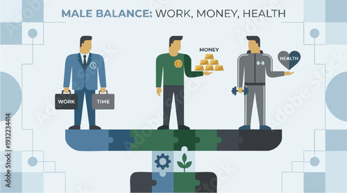Male Balance Work Money Health Concept Illustration.