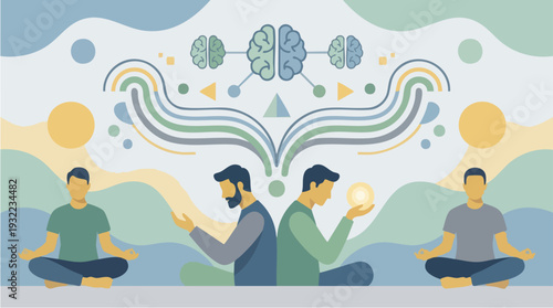 Two men meditating and connecting minds with brain illustration.