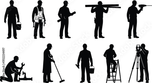 Construction worker silhouettes, bucket carrying, wrench holding, ladder climbing, surveying instrument, plank lifting, power tool usage, maintenance teamwork artwork design