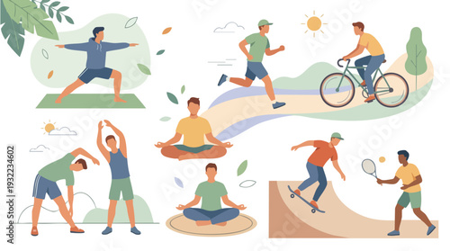 Diverse group of people engaged in various healthy lifestyle activities.