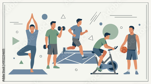 Diverse group of men engaged in various fitness activities.