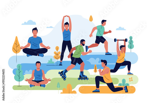 Diverse Group of People Engaging in Various Outdoor Fitness Activities.