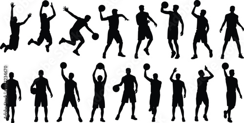 Basketball player silhouette collection, sport action poses vector illustration, dribbling jumping shooting athletes isolated professional basketball motion set