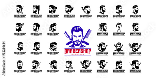 Vintage barber badge collection featuring pompadour hairstyle and sharp beard illustration
