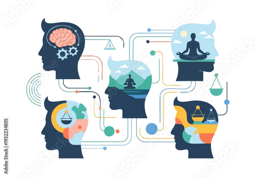 Conceptual illustration of human minds and their diverse cognitive processes.