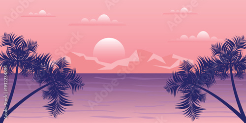 Sunset on the beach with palms tree background
