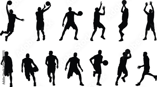 Basketball player silhouette collection, sport action poses vector illustration, dribbling shooting jumping athletes isolated professional basketball motion set