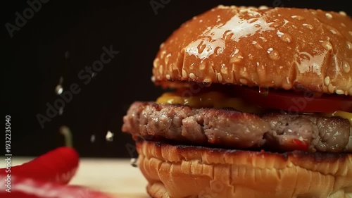 Wallpaper Mural Spicy Burger with Chili Peppers, and Closeup. Torontodigital.ca