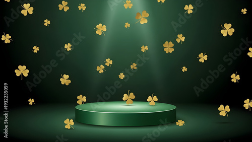 3D Green Podium Stage with Falling Golden Shamrocks and Spotlight for St. Patrick's Day,  A luxurious 3D rendered green cylindrical podium stage under a bright spotlight. Numerous golden shamrocks