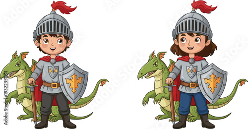 Cartoon knights with dragons, medieval fantasy illustration, spot the difference artwork, armor and swords, children’s adventure, playful fantasy design