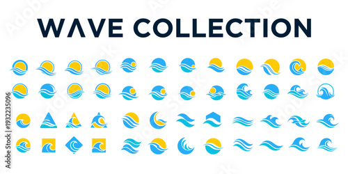 A mega collection of abstract circular ocean wave icons. Modern and minimalist vector designs, perfect for logos, maritime branding, travel, surf, and marine themes.