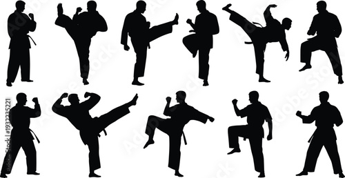 Karate martial arts fighters silhouette collection, combat training poses vector illustration, taekwondo action movements, self defense sport athletes isolated set