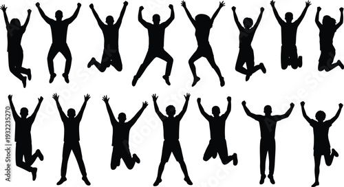 Jumping people silhouette collection, happy celebration poses vector illustration, excited jumping men women isolated success freedom activity set