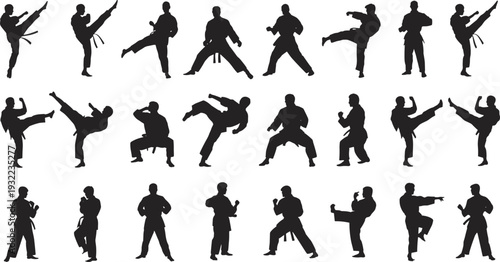 Karate martial arts silhouette collection, fighting combat poses vector illustration, taekwondo kick training athletes isolated self defense action set