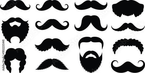 Mustache beard silhouette collection, hipster facial hair styles vector illustration, barber grooming icons isolated vintage men fashion set