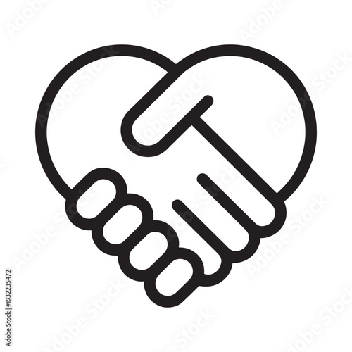 A black and white line drawing of a handshake forming a heart shape