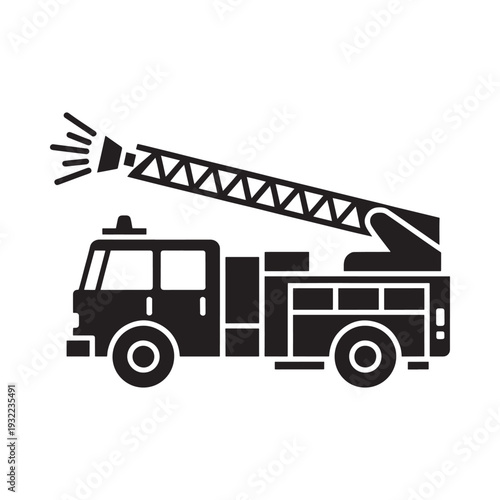 Black silhouette of a fire truck with extended ladder spraying water