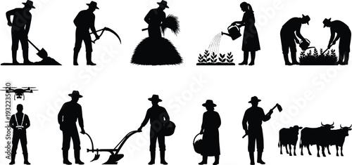 Agriculture silhouette vector illustration set, farmers and animals performing traditional and modern farming tasks including planting, harvesting, watering, plowing, and drone technology resource