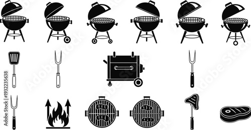 Black and white grilling and barbecue icons collection featuring charcoal grills, smoker, spatula, meat fork, flame, food on grates, and cooking accessories illustration