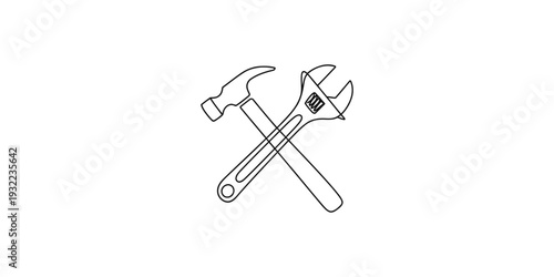 A simple black and white line drawing of a hammer and an adjustable wrench crossed in an x shape.