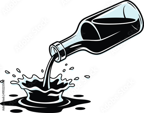 Black bottle pouring dark liquid splash in monochrome