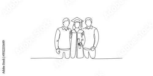 Continuous line drawing of a graduate standing with two family members, celebrating academic achievement.