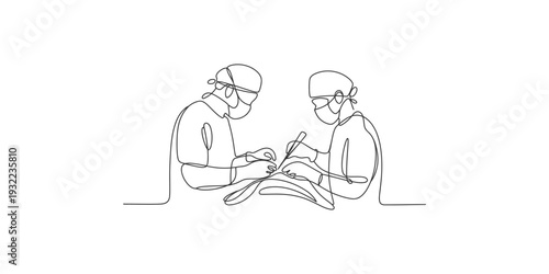 Continuous line art illustration depicting two surgeons collaborating during a medical procedure