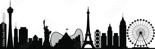 Silhouette cityscape landmarks, global architecture, famous monuments, tourism art, skyline design, cultural heritage, travel illustration, iconic structures, urban silhouette, world