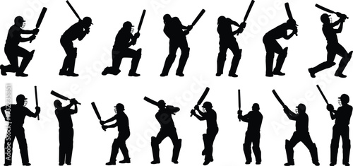 Silhouette cricket players batting, dynamic stances, sports action, athletic motion, protective gear, bat swing, fitness, training, competitive game, art design