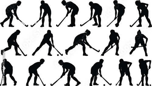 Field hockey player silhouette collection, sport action poses vector illustration, stick dribbling athletes isolated professional hockey training motion set