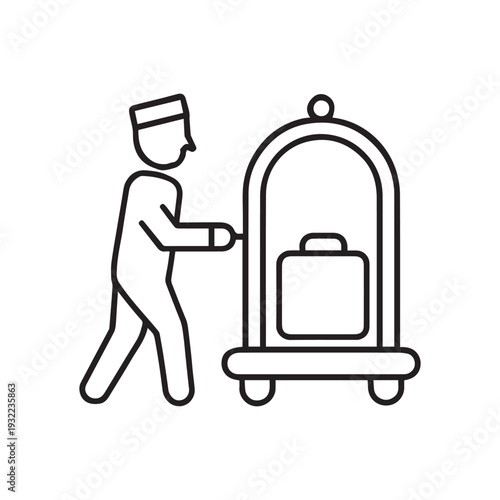 Hotel Porter with Luggage Cart Line Icon Vector On White Background