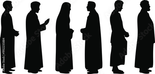 Silhouette figures in traditional robes, cultural ceremony, religious attire, solemn gathering, spiritual unity, diverse heritage, cultural silhouettes illustration