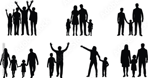 Family silhouette collection, parents and children together vector illustration, happy family walking standing poses isolated parenting lifestyle people set