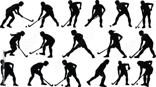 Field hockey player silhouettes collection, sport action poses vector illustration, athletes dribbling ball with stick isolated professional hockey movement set