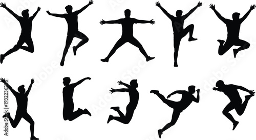 Silhouette people jumping, dynamic action poses, athletic movement, fitness exercise, sports energy, dance motion, human body, active lifestyle, freedom, art