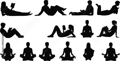 Silhouette people reading books, meditation poses, mindfulness illustration, relaxation activity, spiritual balance, calm lifestyle, cultural diversity, peaceful silhouettes artwork