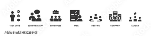 Executive Teamwork Icons set vector illustration glyph with Task done , Job interview, Employees, Task, Meeting, Company, Leader