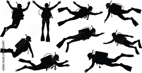 Silhouette scuba divers swimming, underwater exploration, marine sport, aquatic motion, diving gear, ocean lifestyle, adventure art, aquatic recreation, sea design