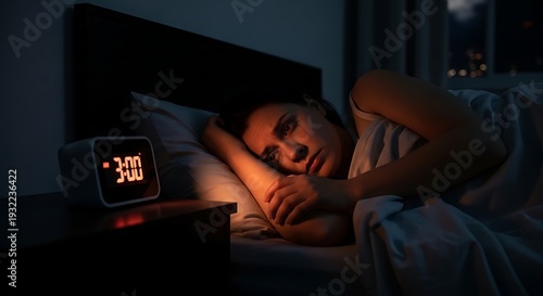 A woman struggles to sleep, staring at the alarm clock at 3:00 am in a dimly lit room