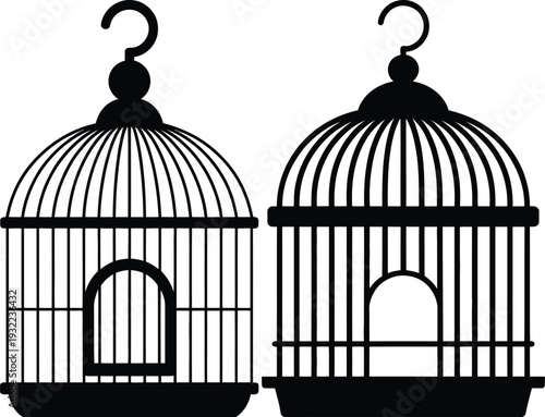 Two black silhouette birdcages with hooks empty and side by side in monochrome