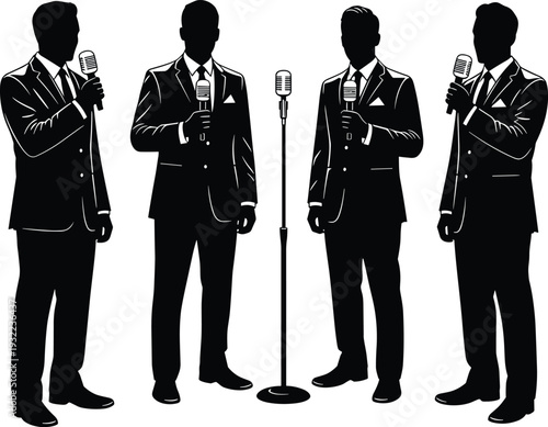 Black vector silhouettes of four male singers in formal suits holding microphones, performing on stage for music, entertainment, and retro jazz concept.