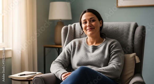 A woman sitting in a chair, portrait, smile and soft atmosphere. A sense of peace and relaxation is apparent